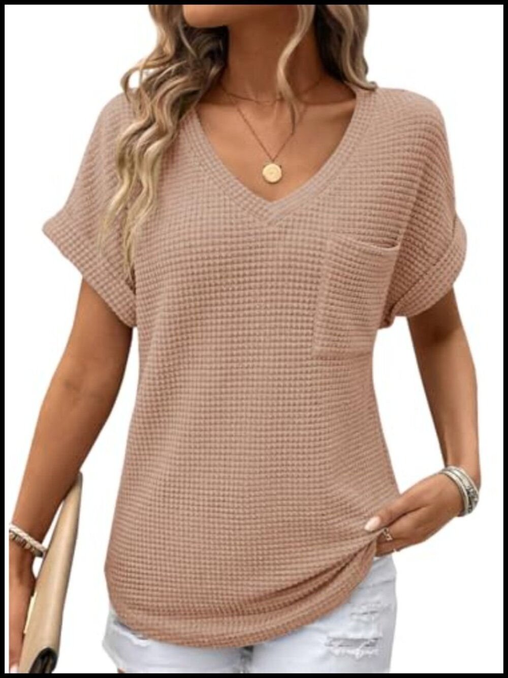 Waffle Knit Tops Womens Short Sleeve V Neck Basic Tee Loose Fit Pullover